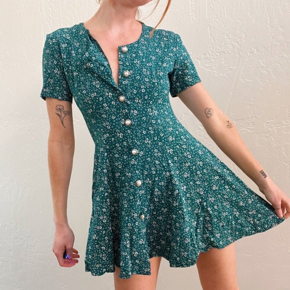 Vintage Dresses & Skirts - Vintage 1990's Green Floral Button Up Mini Skater Dress